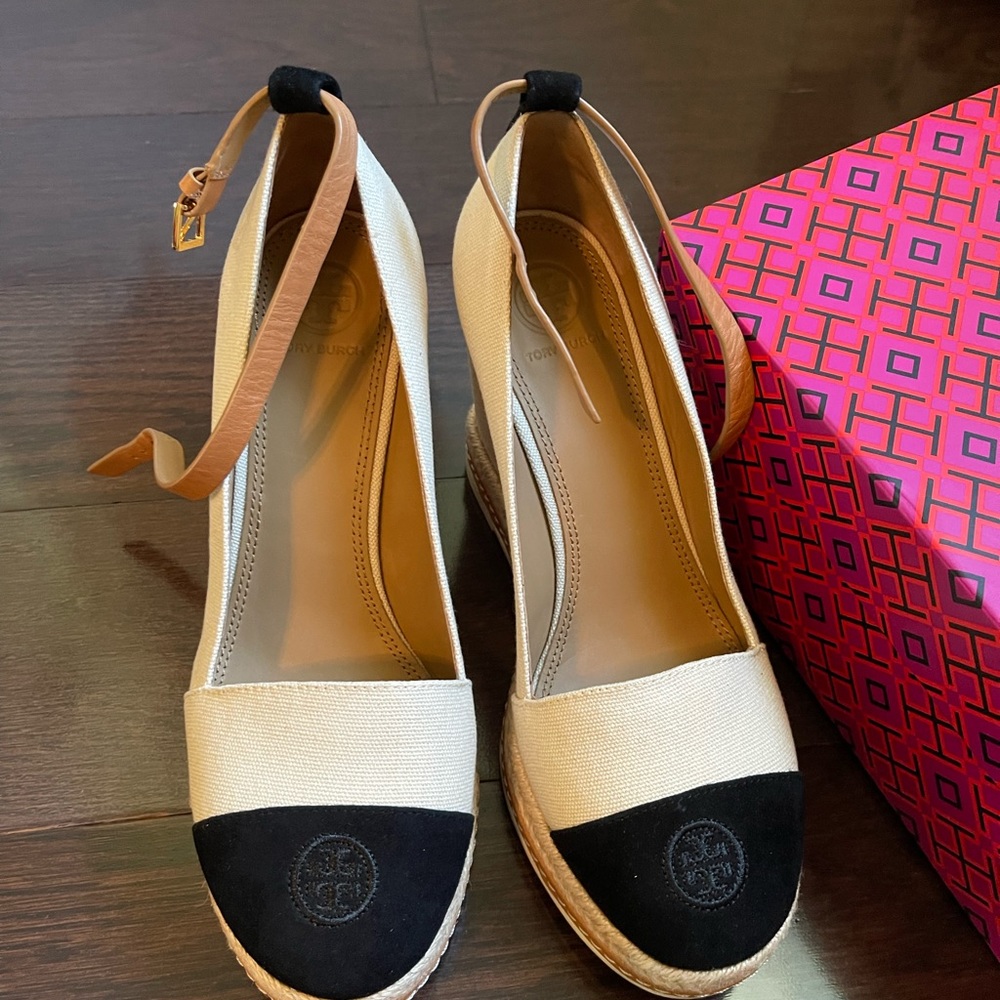 Tory Burch Black and Tan Espadrille Sandals